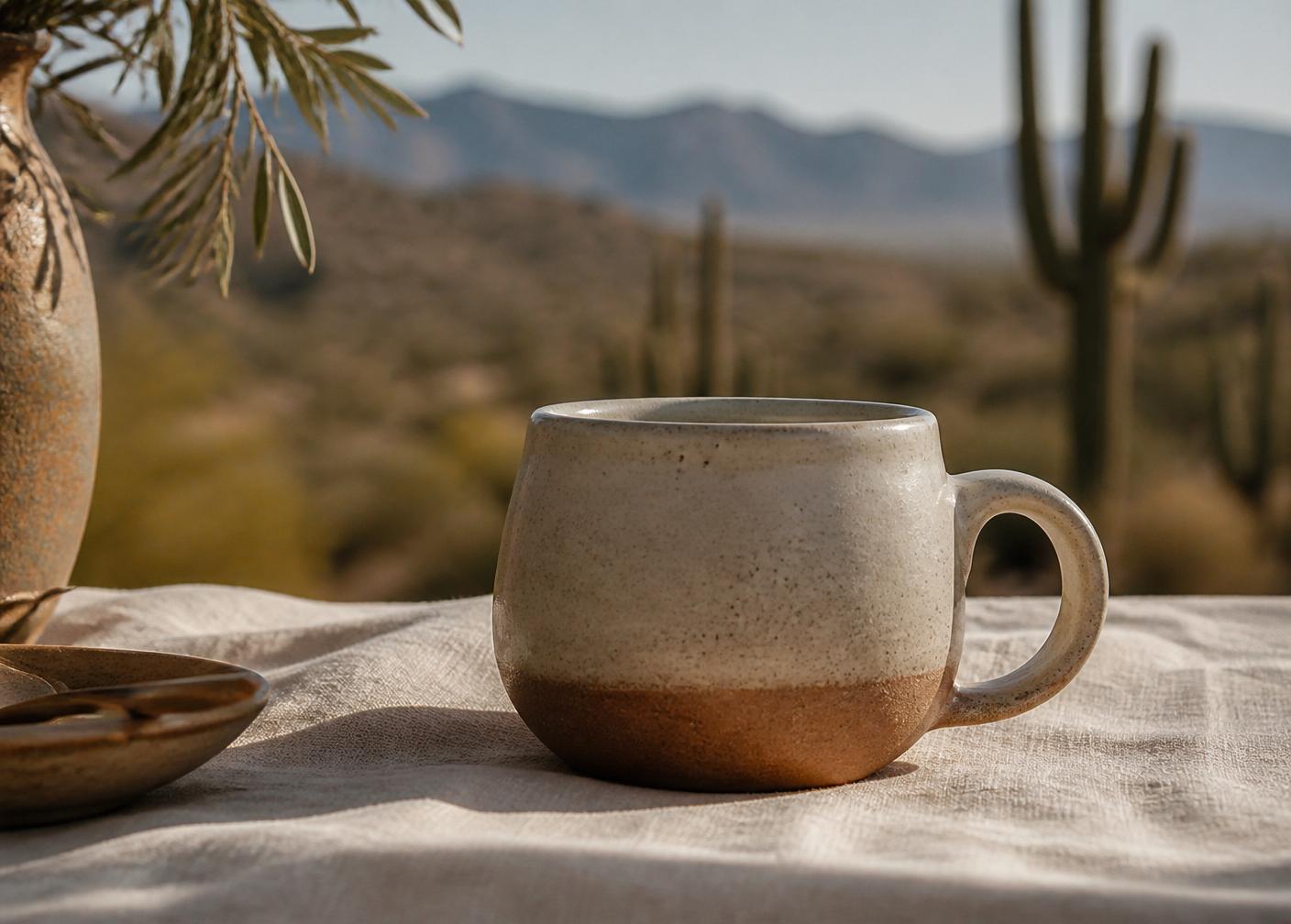 Morning coffee on a linen-covered table overlooking the Sonoran Desert